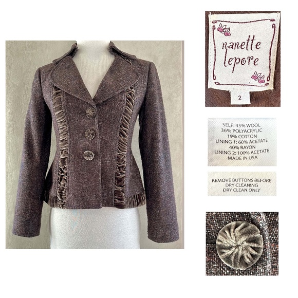 Nanette Lepore Jackets & Blazers - nanette lepore Women Sz 2 Brown Wool Tweed Shirred Velvet Trim Peplum Jacket EUC
